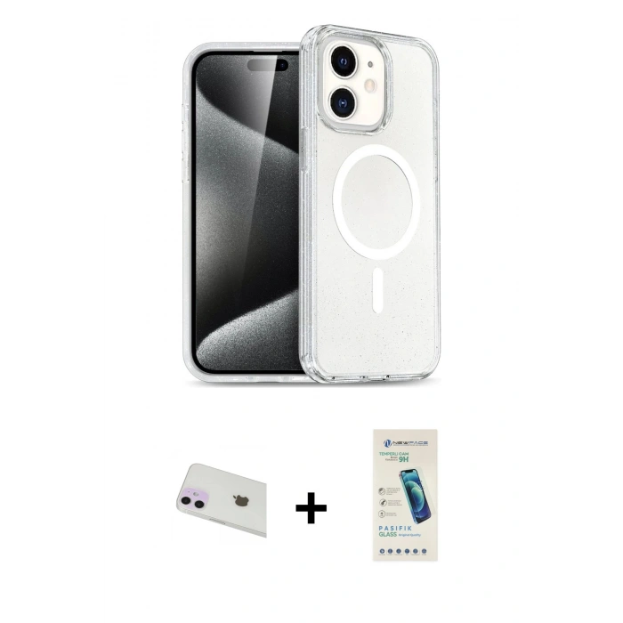 MARSİLYAN™- iPhone 12 Kılıf Nova Asil Prime - Şeffaf Pasifik Cam Ekran Koruyucu + Rainbow Kamera Lens Koruma Cam - MR