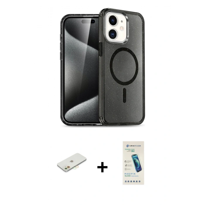 MARSİLYAN™- iPhone 12 Kılıf Nova Asil Prime - Şeffaf Pasifik Cam Ekran Koruyucu + Renkli Kamera Lens Koruma Cam - TU