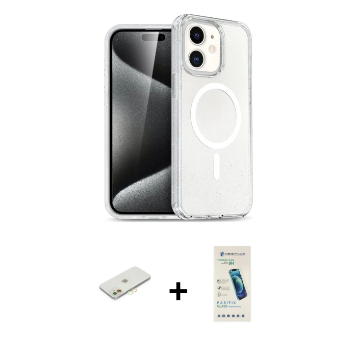 MARSİLYAN™- iPhone 12 Kılıf Nova Asil Prime - Şeffaf Pasifik Cam Ekran Koruyucu + Renkli Kamera Lens Koruma Cam - TU