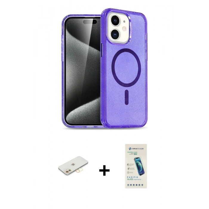 MARSİLYAN™- iPhone 12 Kılıf Nova Asil Prime - Şeffaf Pasifik Cam Ekran Koruyucu + Renkli Kamera Lens Koruma Cam - SI