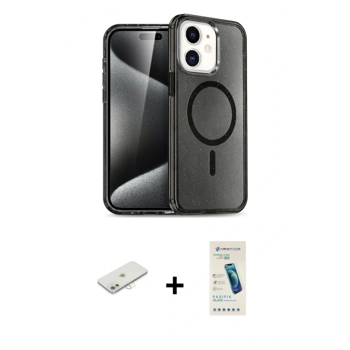 MARSİLYAN™- iPhone 12 Kılıf Nova Asil Prime - Şeffaf Pasifik Cam Ekran Koruyucu + Renkli Kamera Lens Koruma Cam - SI