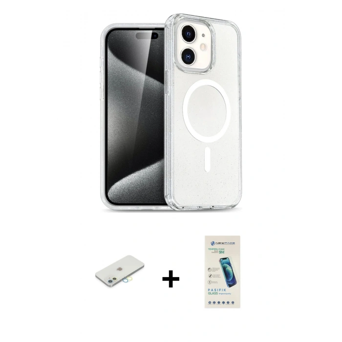 MARSİLYAN™- iPhone 12 Kılıf Nova Asil Prime - Şeffaf Pasifik Cam Ekran Koruyucu + Renkli Kamera Lens Koruma Cam - SI