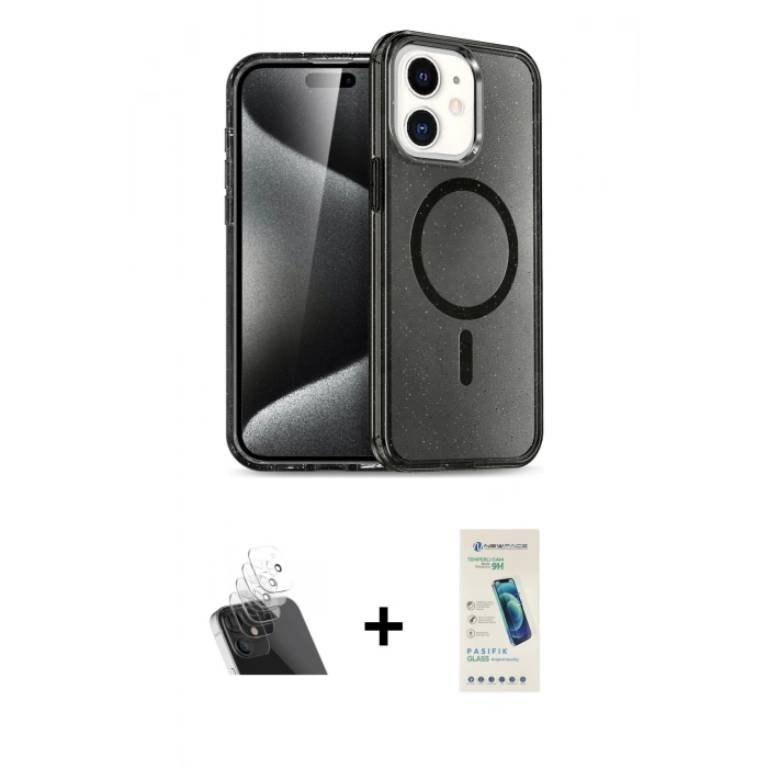 MARSİLYAN™- iPhone 12 Kılıf Nova Asil Prime - Şeffaf Pasifik Cam Ekran Koruyucu + Şeffaf Kamera Lens Koruma Cam