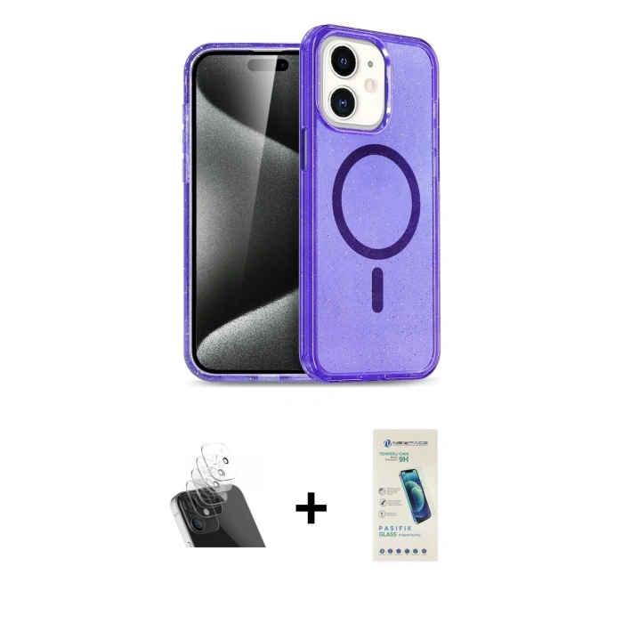 MARSİLYAN™- iPhone 12 Kılıf Nova Asil Prime - Şeffaf Pasifik Cam Ekran Koruyucu + Şeffaf Kamera Lens Koruma Cam