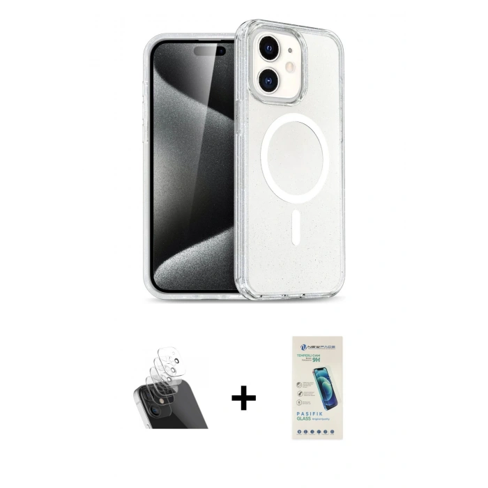 MARSİLYAN™- iPhone 12 Kılıf Nova Asil Prime - Şeffaf Pasifik Cam Ekran Koruyucu + Şeffaf Kamera Lens Koruma Cam
