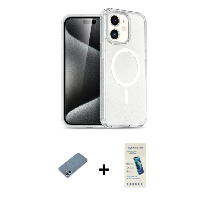 MARSİLYAN™- iPhone 12 Kılıf Nova Asil Prime - Şeffaf Pasifik Cam Ekran Koruyucu + Shine Kamera Lens Koruma Cam - GS