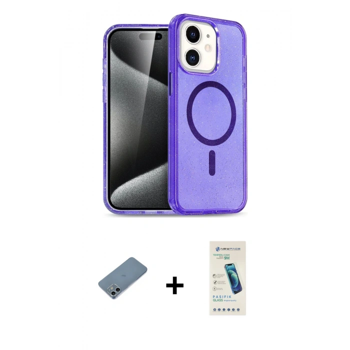 MARSİLYAN™- iPhone 12 Kılıf Nova Asil Prime - Şeffaf Pasifik Cam Ekran Koruyucu + Shine Kamera Lens Koruma Cam - SABE