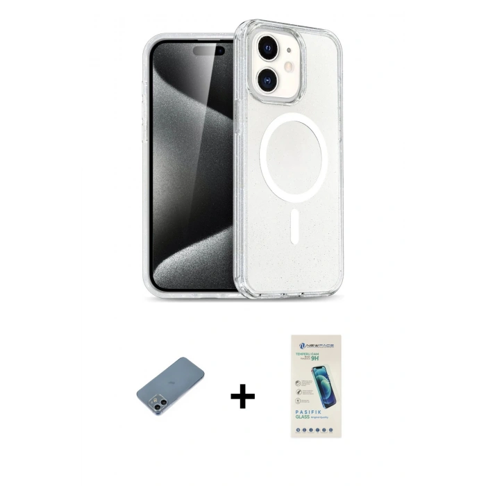 MARSİLYAN™- iPhone 12 Kılıf Nova Asil Prime - Şeffaf Pasifik Cam Ekran Koruyucu + Shine Kamera Lens Koruma Cam - SABE