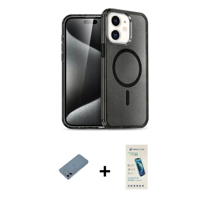 MARSİLYAN™- iPhone 12 Kılıf Nova Asil Prime - Şeffaf Pasifik Cam Ekran Koruyucu + Shine Kamera Lens Koruma Cam - SABE