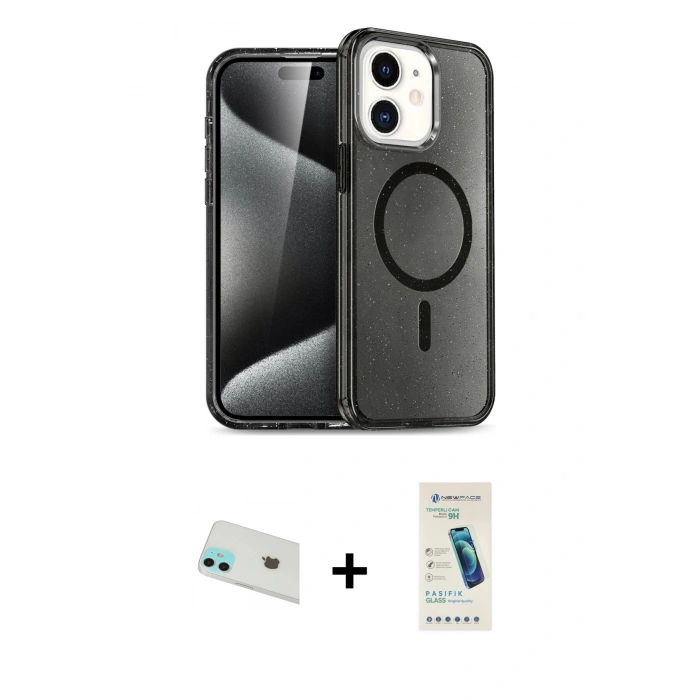 MARSİLYAN™- iPhone 12 Kılıf Nova Asil Prime - Şeffaf Pasifik Cam Ekran Koruyucu + Rainbow Kamera Lens Koruma Cam - YL