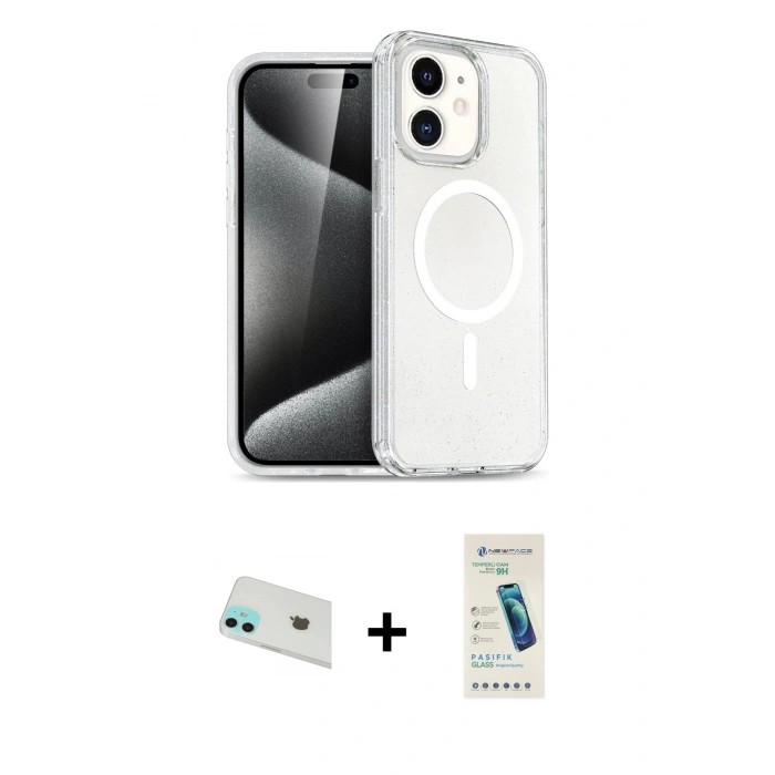 MARSİLYAN™- iPhone 12 Kılıf Nova Asil Prime - Şeffaf Pasifik Cam Ekran Koruyucu + Rainbow Kamera Lens Koruma Cam - YL