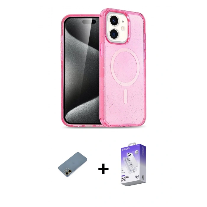 MARSİLYAN™- iPhone 12 Kılıf Nova Asil Prime - Siyah Bilvis 5in1 3D Magic Cam Ekran Koruyucu + Shine Kamera Lens Koruma Cam - GD