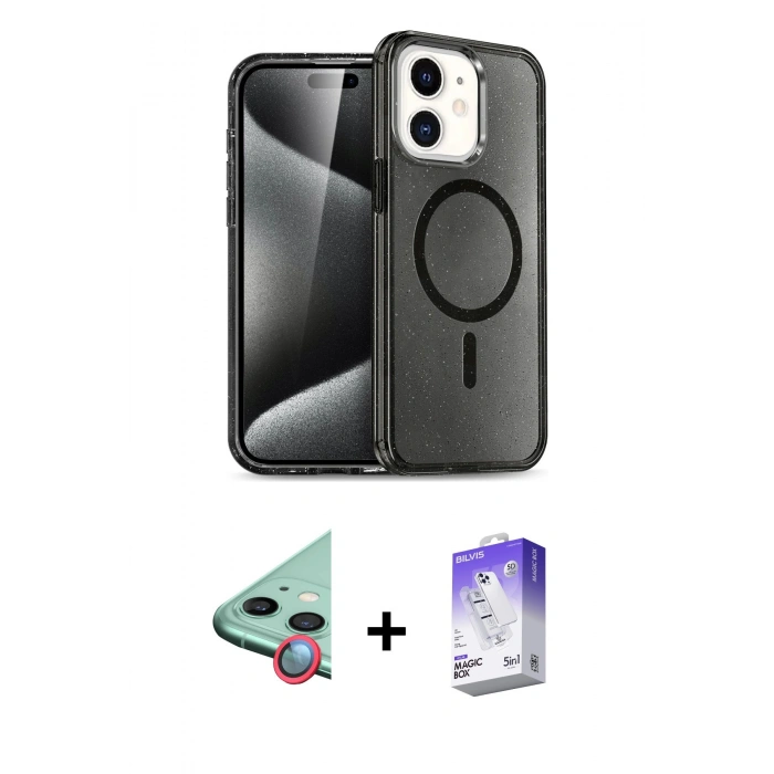 MARSİLYAN™- iPhone 12 Kılıf Nova Asil Prime - Siyah Bilvis 5in1 3D Magic Cam Ekran Koruyucu + Raze Metal Kamera Lens - KI