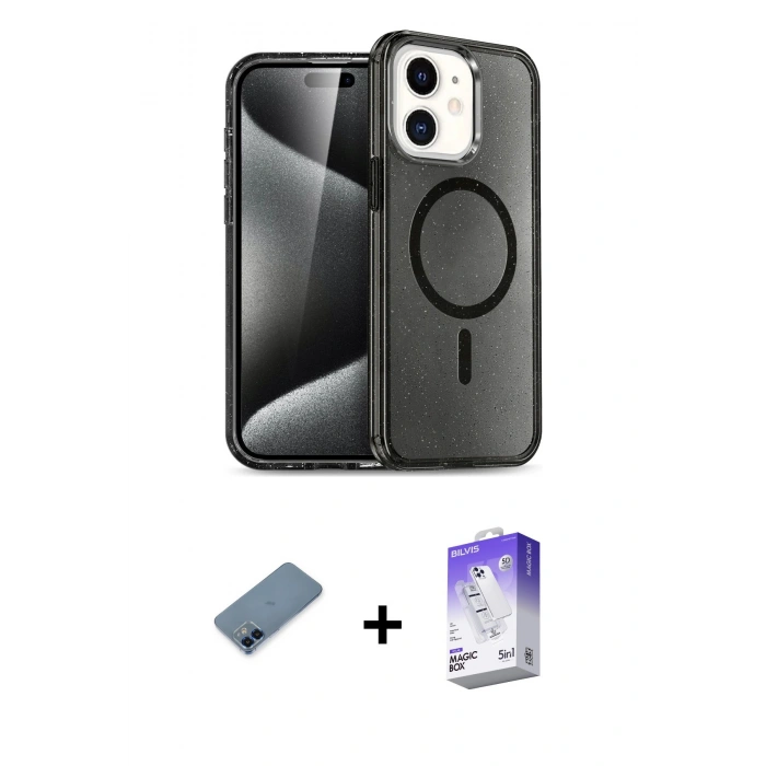 MARSİLYAN™- iPhone 12 Kılıf Nova Asil Prime - Siyah Bilvis 5in1 3D Magic Cam Ekran Koruyucu + Metal Kamera Lens Koruma Cam - MI