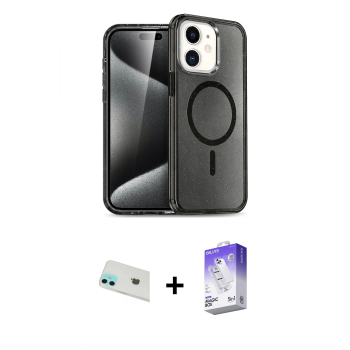 MARSİLYAN™- iPhone 12 Kılıf Nova Asil Prime - Siyah Bilvis 5in1 3D Magic Cam Ekran Koruyucu + Rainbow Kamera Lens Koruma Cam - YL