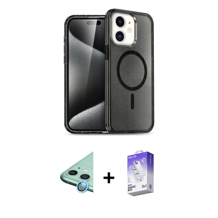 MARSİLYAN™- iPhone 12 Kılıf Nova Asil Prime - Siyah Bilvis 5in1 3D Magic Cam Ekran Koruyucu + Raze Metal Kamera Lens - MI