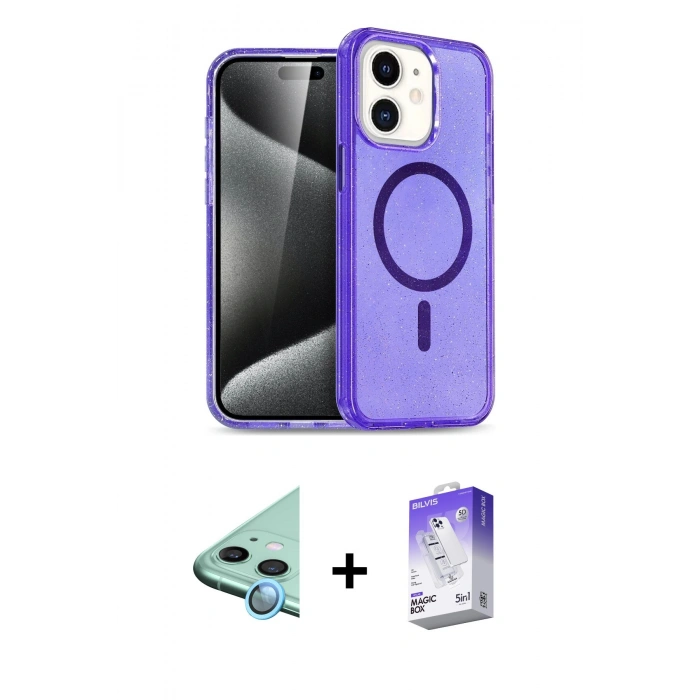 MARSİLYAN™- iPhone 12 Kılıf Nova Asil Prime - Siyah Bilvis 5in1 3D Magic Cam Ekran Koruyucu + Raze Metal Kamera Lens - MI