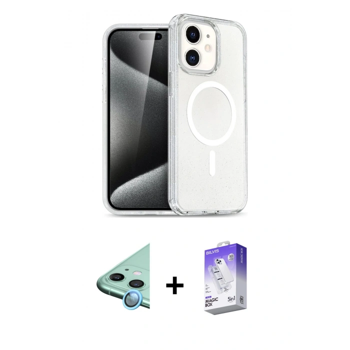 MARSİLYAN™- iPhone 12 Kılıf Nova Asil Prime - Siyah Bilvis 5in1 3D Magic Cam Ekran Koruyucu + Raze Metal Kamera Lens - MI