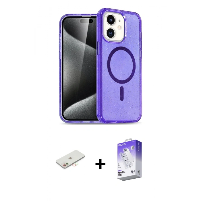 MARSİLYAN™- iPhone 12 Kılıf Nova Asil Prime - Siyah Bilvis 5in1 3D Magic Cam Ekran Koruyucu + Renkli Kamera Lens Koruma Cam - YL