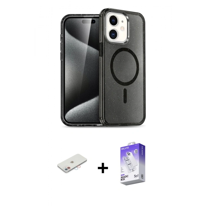 MARSİLYAN™- iPhone 12 Kılıf Nova Asil Prime - Siyah Bilvis 5in1 3D Magic Cam Ekran Koruyucu + Renkli Kamera Lens Koruma Cam - PE