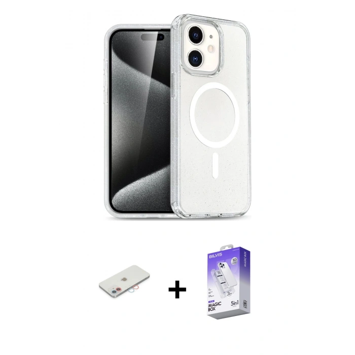 MARSİLYAN™- iPhone 12 Kılıf Nova Asil Prime - Siyah Bilvis 5in1 3D Magic Cam Ekran Koruyucu + Renkli Kamera Lens Koruma Cam - PE