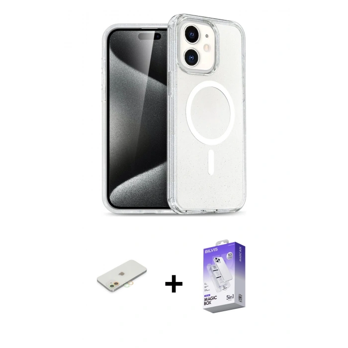 MARSİLYAN™- iPhone 12 Kılıf Nova Asil Prime - Siyah Bilvis 5in1 3D Magic Cam Ekran Koruyucu + Renkli Kamera Lens Koruma Cam - TU