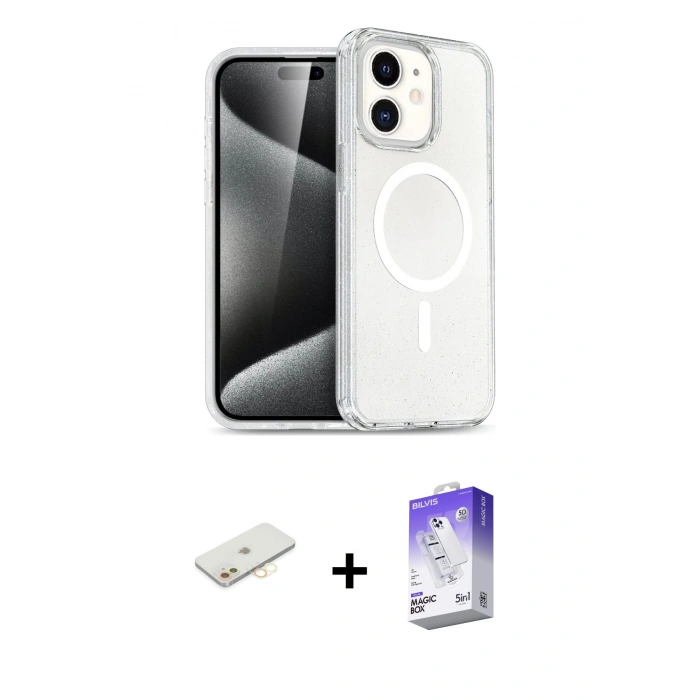 MARSİLYAN™- iPhone 12 Kılıf Nova Asil Prime - Siyah Bilvis 5in1 3D Magic Cam Ekran Koruyucu + Renkli Kamera Lens Koruma Cam - SI