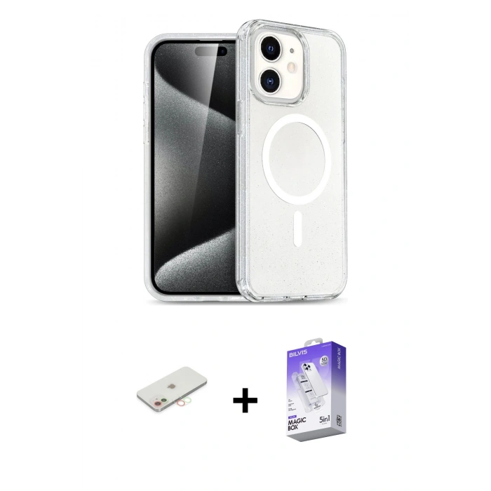 MARSİLYAN™- iPhone 12 Kılıf Nova Asil Prime - Siyah Bilvis 5in1 3D Magic Cam Ekran Koruyucu + Renkli Kamera Lens Koruma Cam - YL