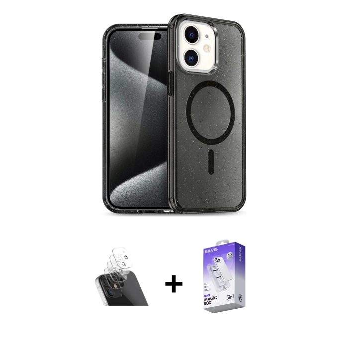 MARSİLYAN™- iPhone 12 Kılıf Nova Asil Prime - Siyah Bilvis 5in1 3D Magic Cam Ekran Koruyucu + Kamera Lens Koruma Cam - SF