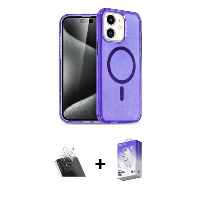 MARSİLYAN™- iPhone 12 Kılıf Nova Asil Prime - Siyah Bilvis 5in1 3D Magic Cam Ekran Koruyucu + Kamera Lens Koruma Cam - SF