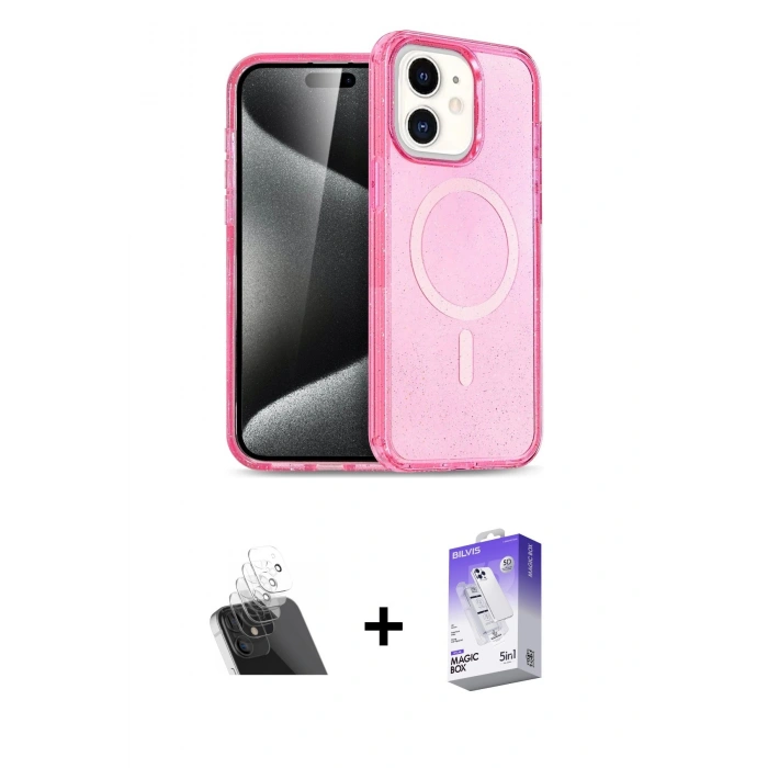 MARSİLYAN™- iPhone 12 Kılıf Nova Asil Prime - Siyah Bilvis 5in1 3D Magic Cam Ekran Koruyucu + Kamera Lens Koruma Cam - SF