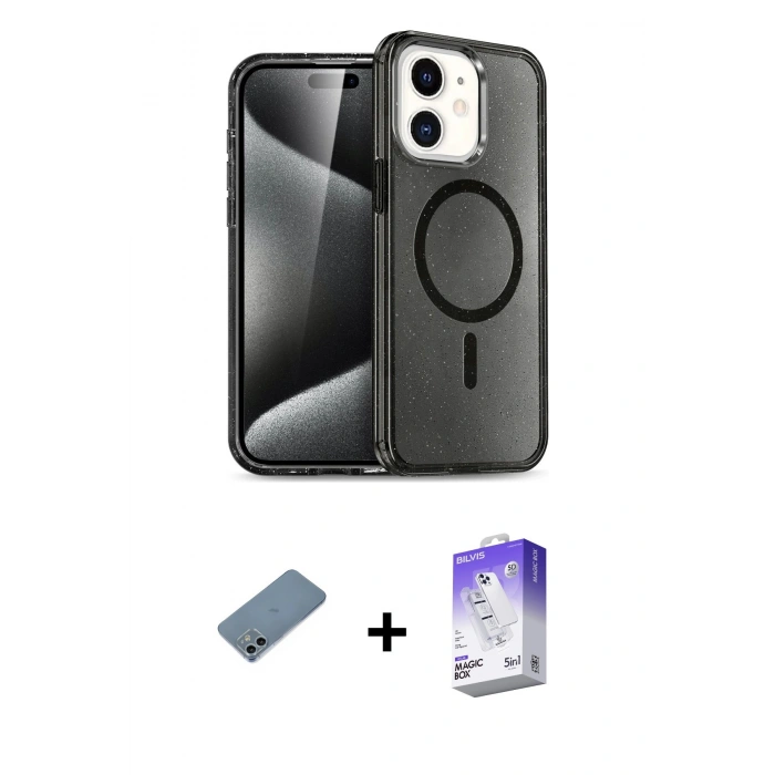 MARSİLYAN™- iPhone 12 Kılıf Nova Asil Prime - Siyah Bilvis 5in1 3D Magic Cam Ekran Koruyucu + Shine Kamera Lens Koruma Cam - SABE