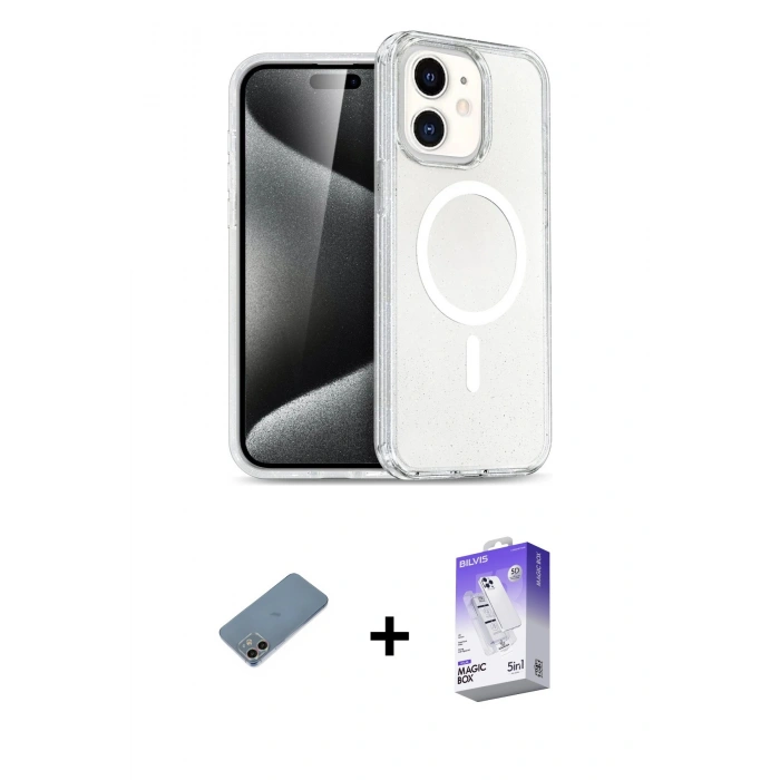 MARSİLYAN™- iPhone 12 Kılıf Nova Asil Prime - Siyah Bilvis 5in1 3D Magic Cam Ekran Koruyucu + Shine Kamera Lens Koruma Cam - GI