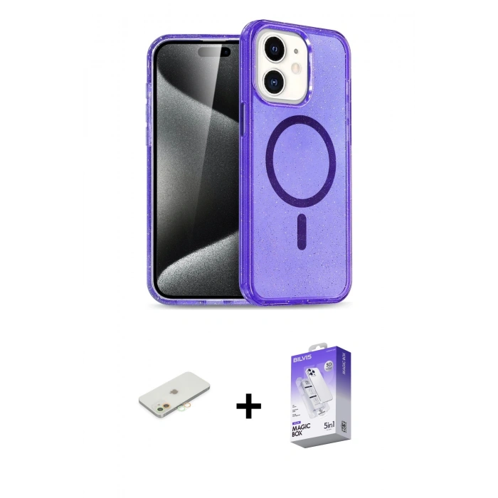 MARSİLYAN™- iPhone 12 Kılıf Nova Asil Prime - Siyah Bilvis 5in1 3D Magic Cam Ekran Koruyucu + Renkli Kamera Lens Koruma Cam - TU