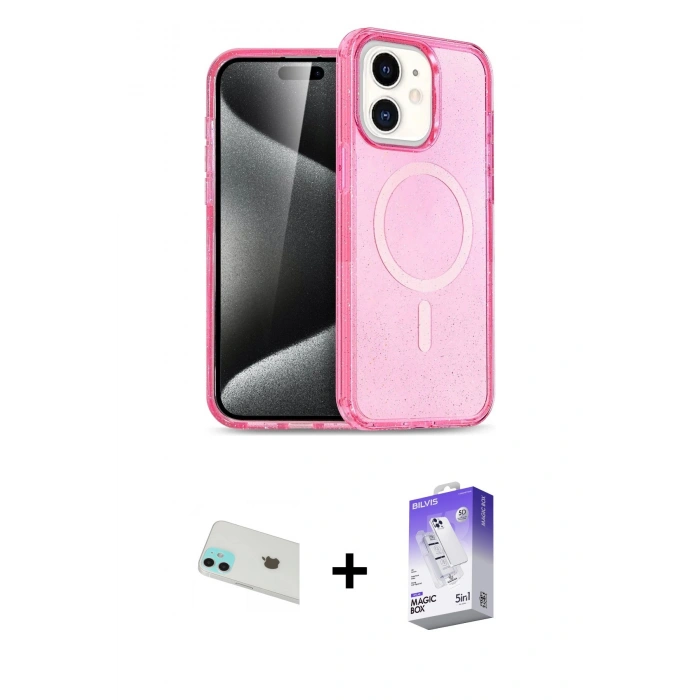MARSİLYAN™- iPhone 12 Kılıf Nova Asil Prime - Siyah Bilvis 5in1 3D Magic Cam Ekran Koruyucu + Rainbow Kamera Lens Koruma Cam - YL