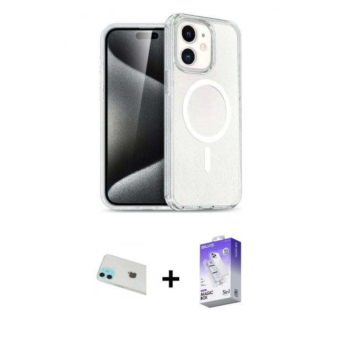 MARSİLYAN™- iPhone 12 Kılıf Nova Asil Prime - Siyah Bilvis 5in1 3D Magic Cam Ekran Koruyucu + Rainbow Kamera Lens Koruma Cam - YL