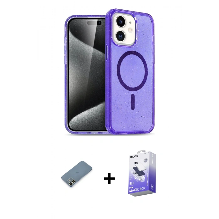 MARSİLYAN™- iPhone 12 Kılıf Nova Asil Prime - Siyah Bilvis 5in1 5D Magic Hayalet Cam Ekran Koruyucu + Açık Yeşil Metal Kamera Lens Koruma Cam