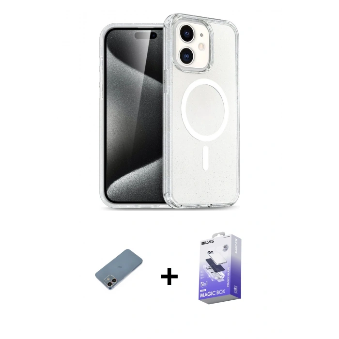MARSİLYAN™- iPhone 12 Kılıf Nova Asil Prime - Siyah Bilvis 5in1 5D Magic Hayalet Cam Ekran Koruyucu + Gökkuşağı Shine Kamera Lens Koruma Cam