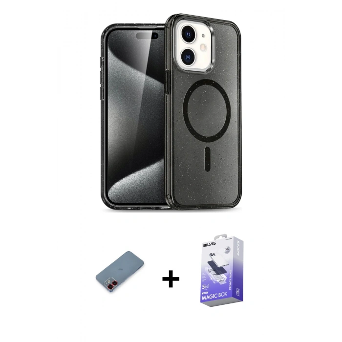MARSİLYAN™- iPhone 12 Kılıf Nova Asil Prime - Siyah Bilvis 5in1 5D Magic Hayalet Cam Ekran Koruyucu + Metal Kamera Lens Koruma Cam - KI