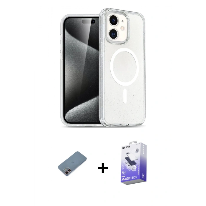 MARSİLYAN™- iPhone 12 Kılıf Nova Asil Prime - Siyah Bilvis 5in1 5D Magic Hayalet Cam Ekran Koruyucu + Shine Kamera Lens Koruma Cam - PE
