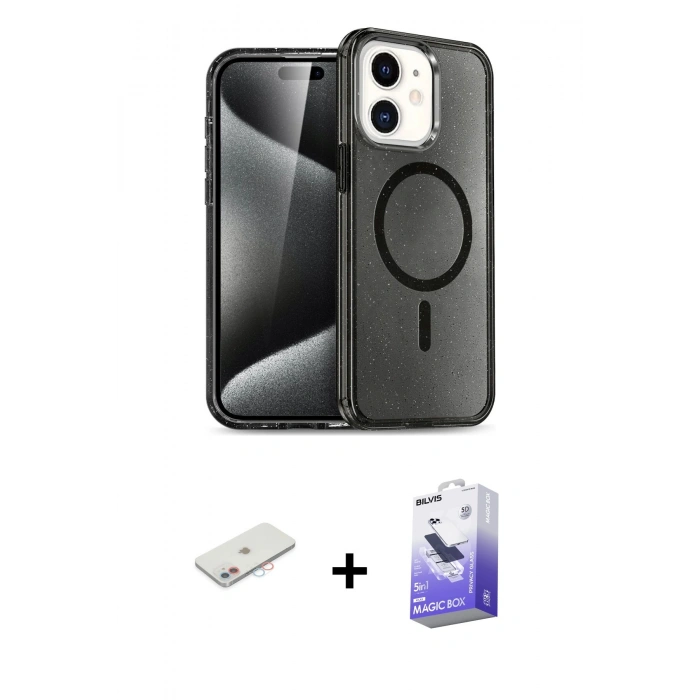 MARSİLYAN™- iPhone 12 Kılıf Nova Asil Prime - Siyah Bilvis 5in1 5D Magic Hayalet Cam Ekran Koruyucu + Renkli Kamera Lens Koruma Cam - PE