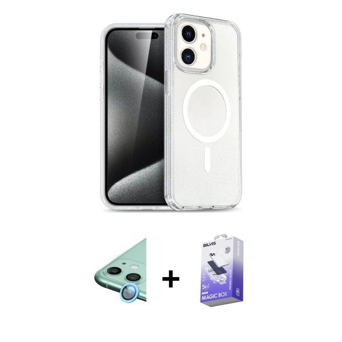 MARSİLYAN™- iPhone 12 Kılıf Nova Asil Prime - Siyah Bilvis 5in1 5D Magic Hayalet Cam Ekran Koruyucu + Raze Metal Kamera Lens - MI