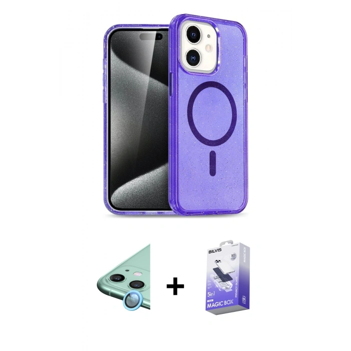 MARSİLYAN™- iPhone 12 Kılıf Nova Asil Prime - Siyah Bilvis 5in1 5D Magic Hayalet Cam Ekran Koruyucu + Raze Metal Kamera Lens - MI