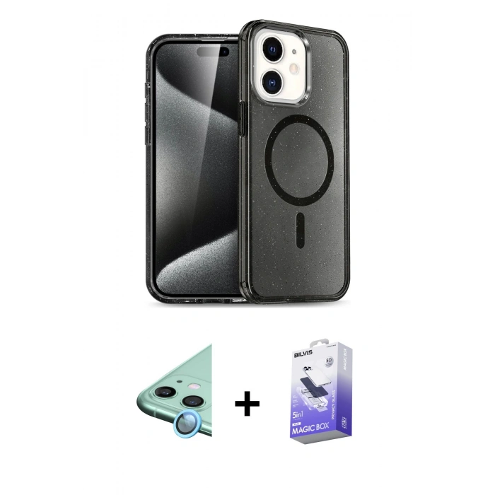 MARSİLYAN™- iPhone 12 Kılıf Nova Asil Prime - Siyah Bilvis 5in1 5D Magic Hayalet Cam Ekran Koruyucu + Raze Metal Kamera Lens - MI