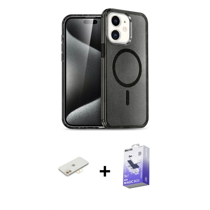 MARSİLYAN™- iPhone 12 Kılıf Nova Asil Prime - Siyah Bilvis 5in1 5D Magic Hayalet Cam Ekran Koruyucu + Renkli Kamera Lens Koruma Cam - SI