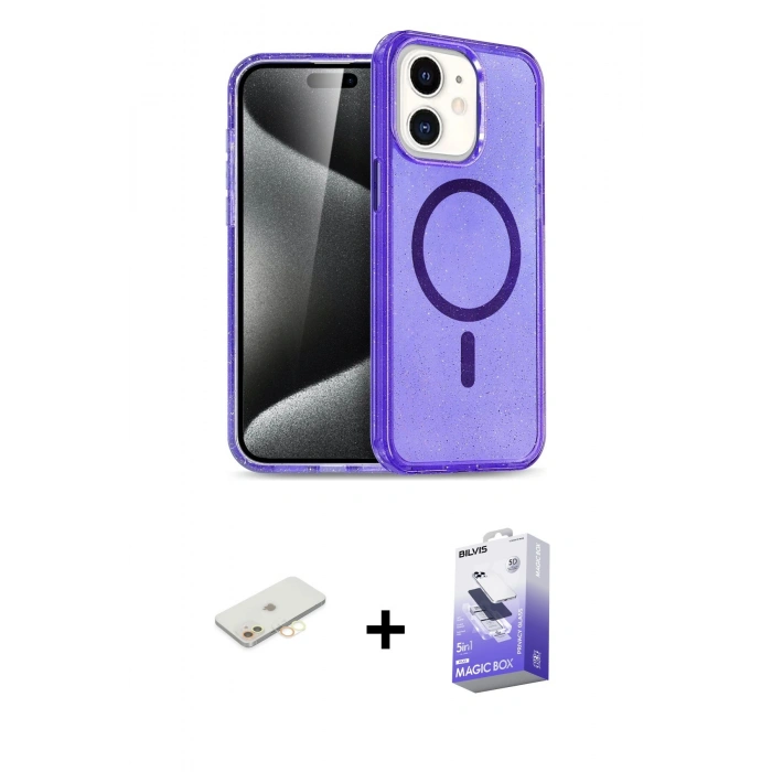 MARSİLYAN™- iPhone 12 Kılıf Nova Asil Prime - Siyah Bilvis 5in1 5D Magic Hayalet Cam Ekran Koruyucu + Renkli Kamera Lens Koruma Cam - SI