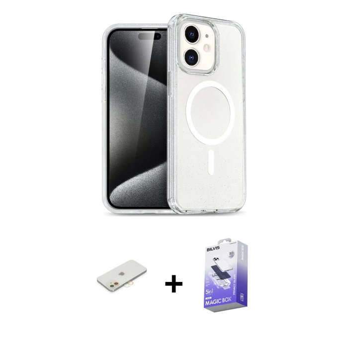 MARSİLYAN™- iPhone 12 Kılıf Nova Asil Prime - Siyah Bilvis 5in1 5D Magic Hayalet Cam Ekran Koruyucu + Renkli Kamera Lens Koruma Cam - TU