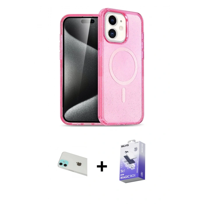 MARSİLYAN™- iPhone 12 Kılıf Nova Asil Prime - Siyah Bilvis 5in1 5D Magic Hayalet Cam Ekran Koruyucu + Rainbow Kamera Lens Koruma Cam - YL