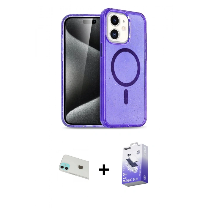 MARSİLYAN™- iPhone 12 Kılıf Nova Asil Prime - Siyah Bilvis 5in1 5D Magic Hayalet Cam Ekran Koruyucu + Rainbow Kamera Lens Koruma Cam - YL