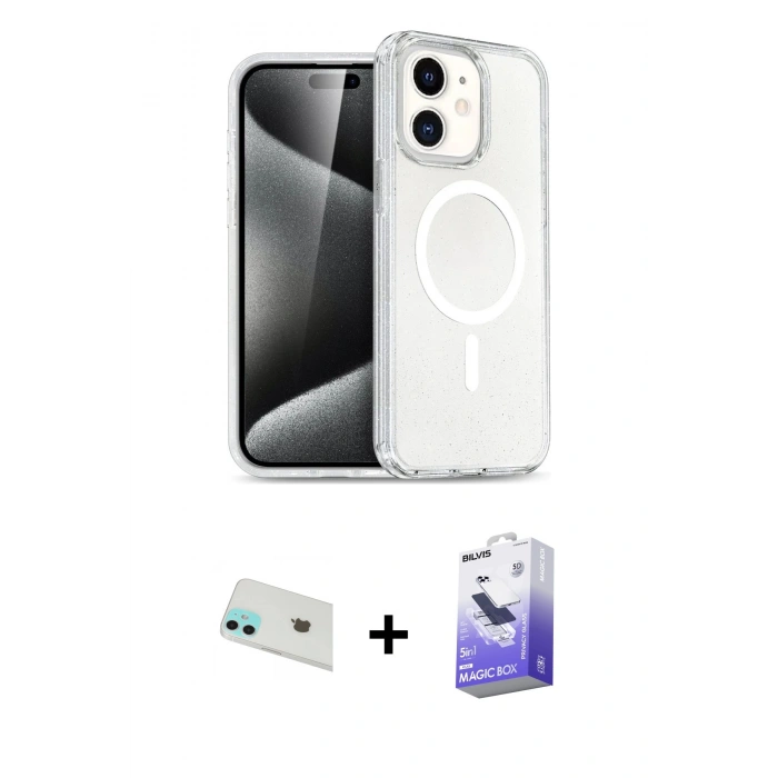 MARSİLYAN™- iPhone 12 Kılıf Nova Asil Prime - Siyah Bilvis 5in1 5D Magic Hayalet Cam Ekran Koruyucu + Rainbow Kamera Lens Koruma Cam - YL